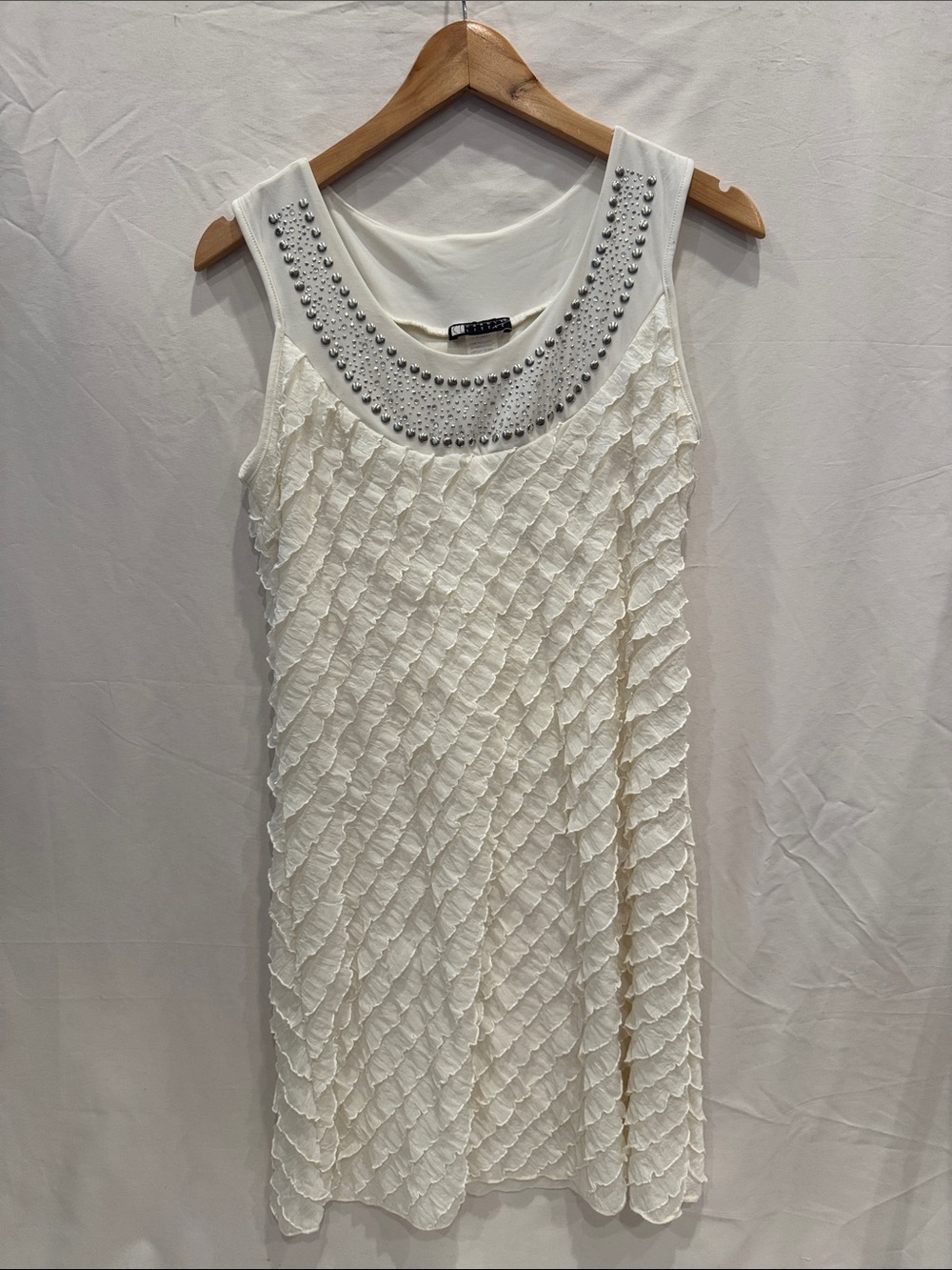 Vintage Carole Little White Ruffled Sleeveless Beaded Neckline Mini Dress